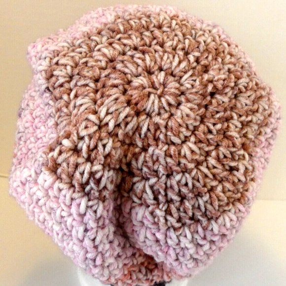 Colorful Pink Black Beanie Multicolor Cap Roll Hat Handmade Crochet USA Size M - Picture 4 of 6